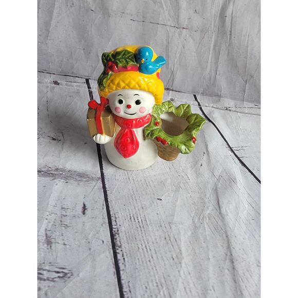 Vintage Napcoware Napco Mrs. Snowman 4in Candle Holder Holly Basket - Picture 1 of 6